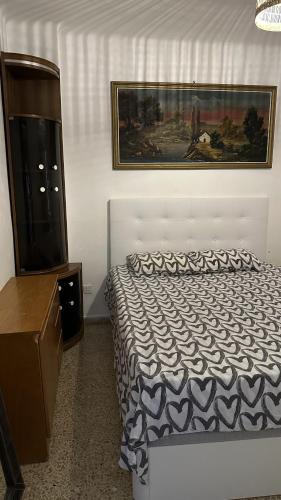 バダロナにあるHabitaciones con o sin balcónのベッドルーム1室(ベッド1台、ドレッサー、絵画付)