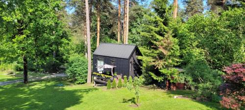 a black cabin in the middle of a yard with trees at Pine Nook in Ogre