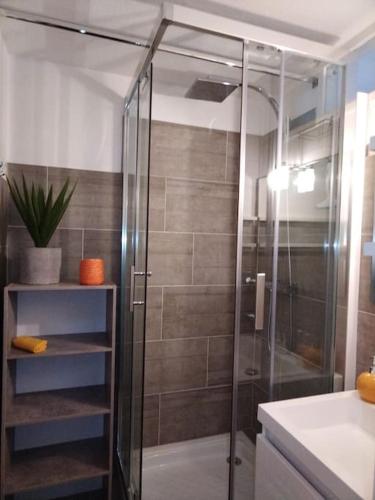 une salle de bain avec douche et lavabo dans l'établissement Appartement dans une Résidence Calme (4 Personnes), à Saint-Lary-Soulan