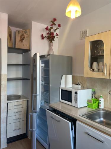 a kitchen with a microwave and a sink at Apartament Lopuskiego 16 in Kołobrzeg