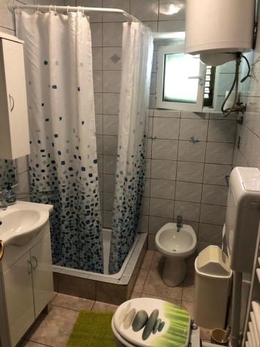 a bathroom with a shower and a toilet and a sink at Apartmani Luiza in Cres