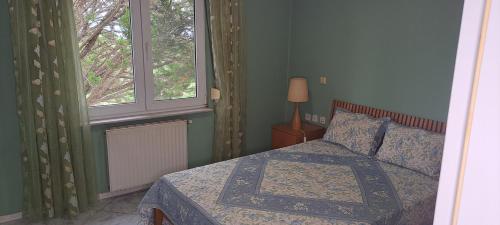 ein Schlafzimmer mit einem Bett und zwei Fenstern in der Unterkunft Hill View 4 in Alexandroupoli