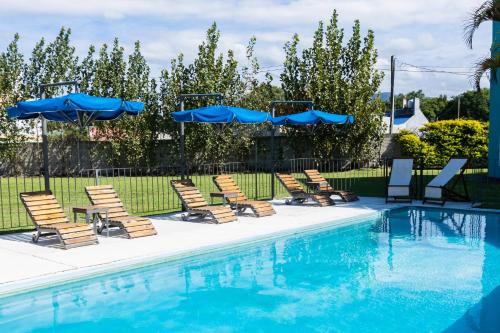 - un groupe de chaises longues et de parasols à côté de la piscine dans l'établissement Narcizo, à Lules