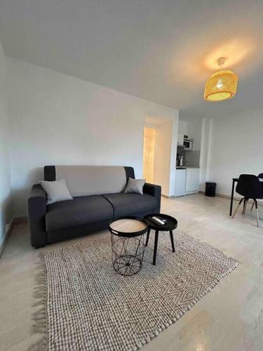 un salon avec un canapé et une table dans l'établissement Studio rénové à deux pas de la mer, à Vallauris