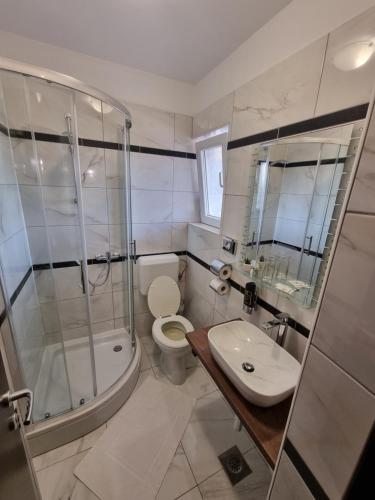 a bathroom with a shower and a toilet and a sink at Villa Anton in Sukošan