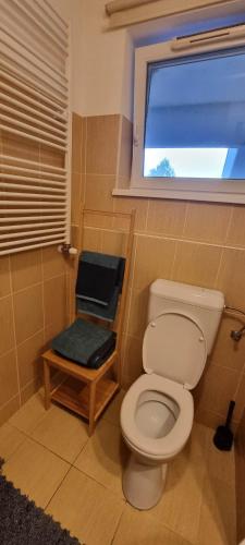a bathroom with a toilet and a window at ‘Good Feelings’ in Siófok