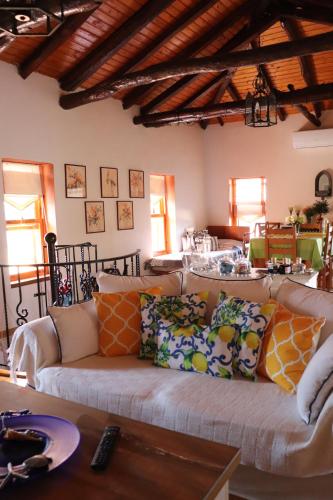 sala de estar con sofá y almohadas en Maria Papada's Traditional Village House, en Kondóstavlos