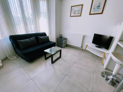 un salon avec un canapé noir et une télévision dans l'établissement Beau Studio entre Paris et Disneyland-Proche Centrex, à Noisy-le-Grand