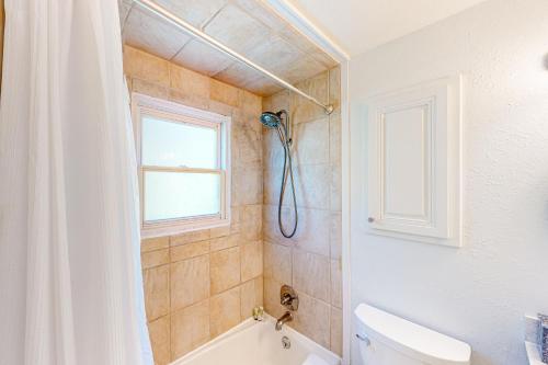 y baño con cortina de ducha y aseo. en Shredders & Hikers Delight Upstairs, en Vail