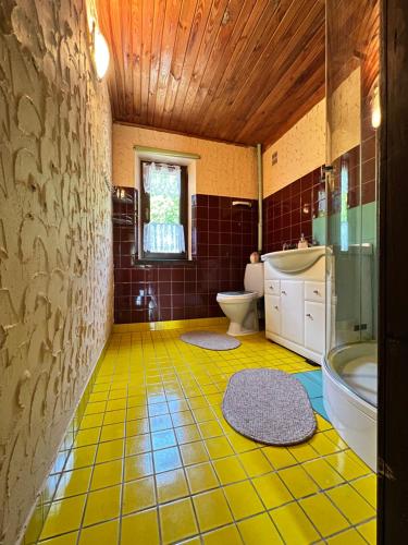 a bathroom with a yellow tiled floor and a toilet at Austeria Przyjezierze in Pojezierze