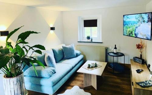 ein Wohnzimmer mit einem blauen Sofa und einem Tisch in der Unterkunft Naturhof Kluge in Saupsdorf