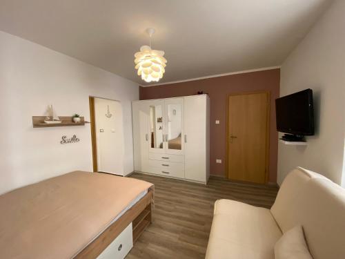 1 dormitorio con cama, sofá y TV en Apartma Pingo, en Koper