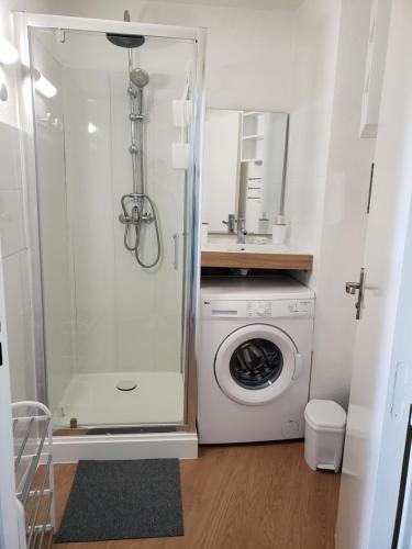 ein Badezimmer mit einer Waschmaschine und einem Waschbecken in der Unterkunft Canet plage T2 + cabine clim et piscine in Canet-en-Roussillon