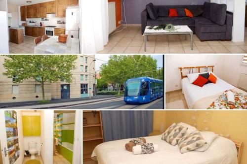 un collage de quatre photos d'une pièce dans l'établissement Superbe T3 70m2, spacieux et lumineux, 4ème étage avec ascenseur, parking et terrasse, centre de Montpellier, à Montpellier