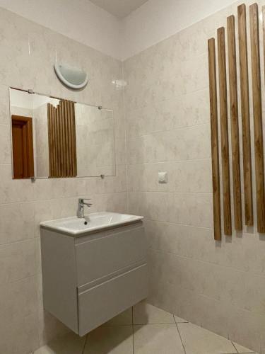 a bathroom with a sink and a mirror at ADANIA 1 in Grzybowo