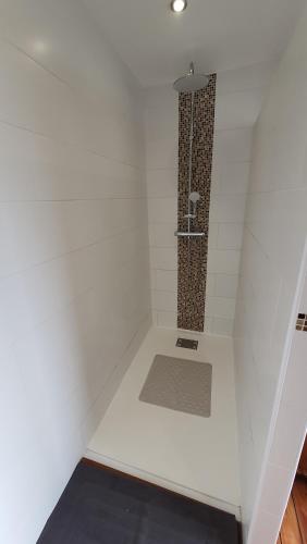 ein Bad mit einer Dusche an einer weißen Wand in der Unterkunft Maison La Côte in Boulogne-sur-Mer
