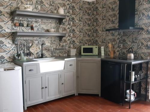 een keuken met een witte wastafel en een magnetron bij La casa dell' Agave in Caltanissetta