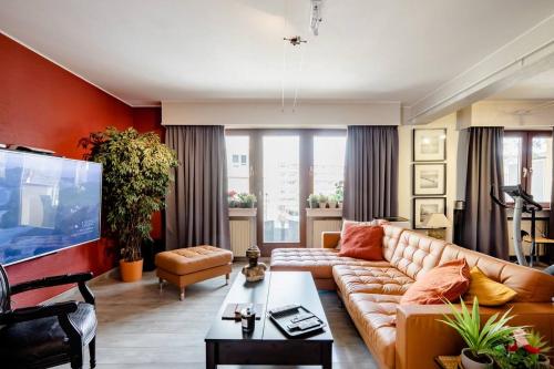 a living room with a couch and a tv at Room in a nice and cosy place in Mondorf in Mondorf-les-Bains