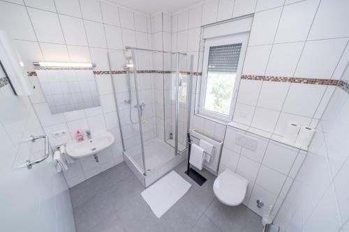 y baño con ducha, aseo y lavamanos. en Milchhof Apartments Aschaffenburg, en Aschaffenburg