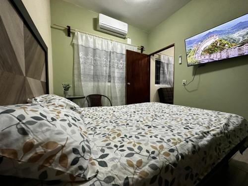 een slaapkamer met een bed met een dekbed erop bij Estancia Luna in Salina Cruz