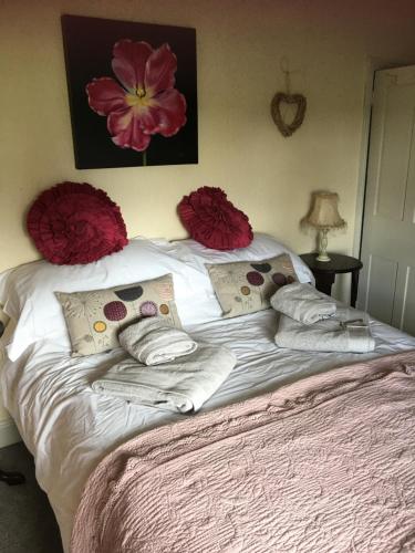 a bed with red pillows and towels on it at Oscar Park Farm in York