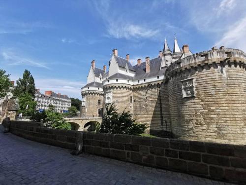 un grand château avec un mur en briques et un pont dans l'établissement GUSTAVE - Quartier Historique, à Nantes