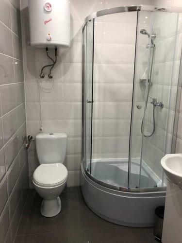 a bathroom with a toilet and a shower and a sink at Domek letniskowy w Karwiku in Karwik