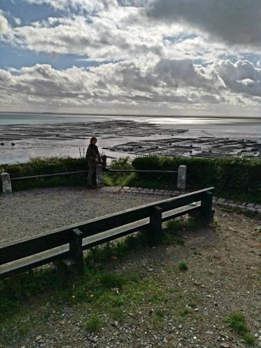 une personne assise sur un banc donnant sur l'océan dans l'établissement LA PORTE BLEUE, à Cancale