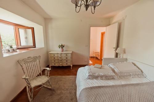 Vara Superiore的住宿－La perla nella foresta，一间卧室配有一张床、一把椅子和一个梳妆台