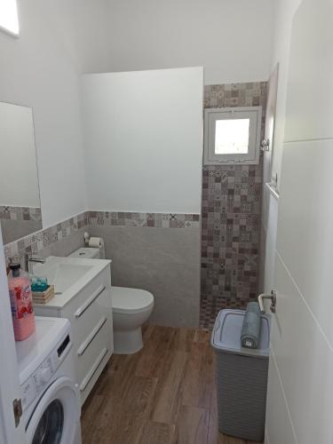 een badkamer met een toilet en een wasmachine bij Villa la cuadra in Guinea