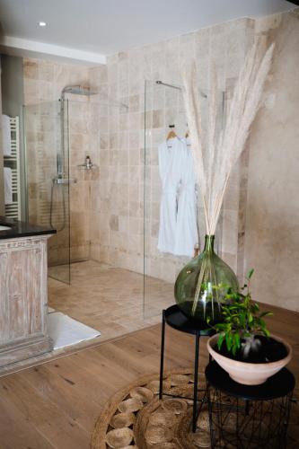 une salle de bain avec une douche et une robe blanche dans une cabine de douche en verre dans l'établissement La Métairie De Terrefort, à Bouliac