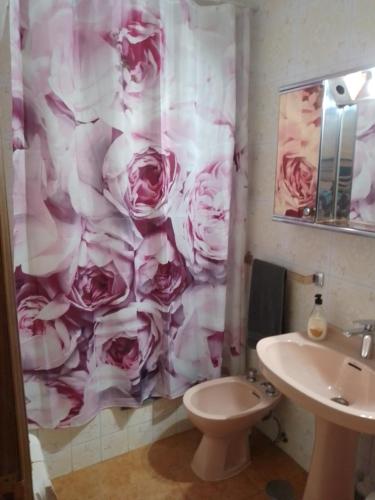 a bathroom with a shower curtain with roses at Casa Rural El Rincon del descanso in Yebra