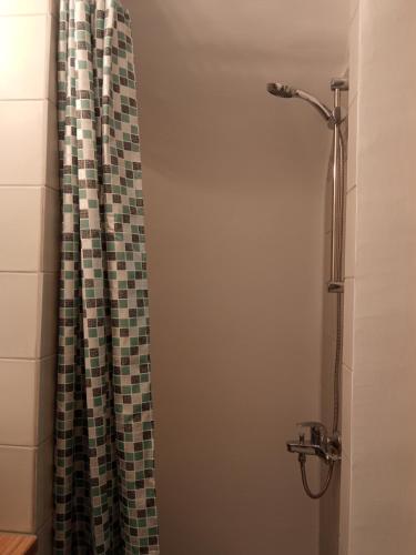 a shower in a bathroom with a shower curtain at GS APARTMENT in Gythio