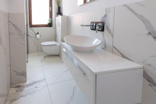 bagno bianco con lavandino e servizi igienici di Design & Chill #Altstadt #Beamer a Lutherstadt Wittenberg