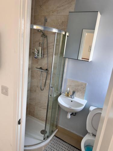 a bathroom with a shower and a sink and a toilet at Sleep In oxford in Oxford