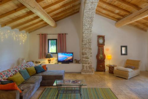 a living room with a couch and a tv at Mas des Claparèdes in Montoulieu