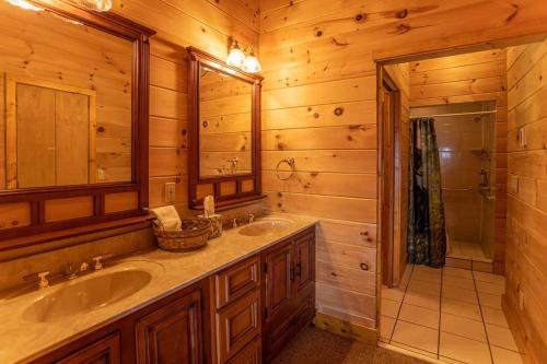 a bathroom with a sink and a shower and a mirror at Sunset View Lodge in Elk Park