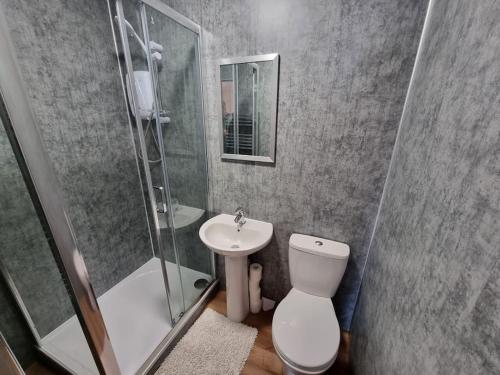 a bathroom with a shower and a toilet and a sink at Altdarroch Farm House in Kinlocheil