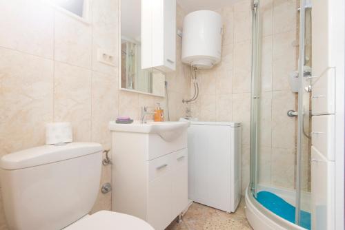 W łazience znajduje się toaleta, umywalka i prysznic. w obiekcie Hillside Seaview Apartment w Kotorze