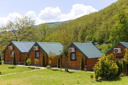 a group of wooden cabins in a field with a mountain at Tara Riverside in Mojkovac