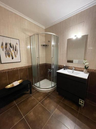 a bathroom with a shower and a sink at Apartamento Xelb in Silves