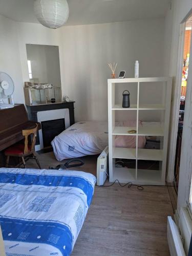 - une chambre avec un lit et une étagère blanche dans l'établissement Appartement ancien, à Paris