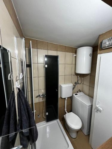 a small bathroom with a toilet and a sink at Sailboat Apartment in Niš