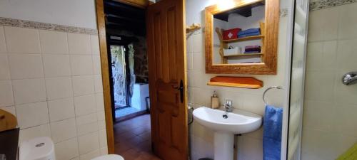 a bathroom with a sink and a toilet and a mirror at Pidream Cottage . Cabañas de Pisueña in Selaya