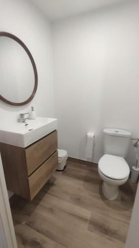 uma casa de banho com um WC, um lavatório e um espelho. em Casa con encanto em Corbera de Llobregat
