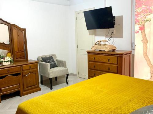 1 dormitorio con 1 cama, vestidor y TV en Bungamvilias Apartment en Uruapan del Progreso