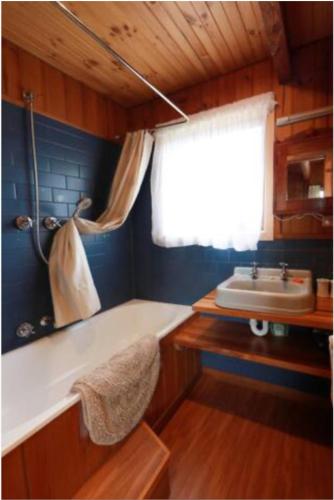 uma casa de banho com uma banheira, um lavatório e uma janela em Eagles Rise - The Cosy Cabin - 1hr Cradle Mountain em Gawler