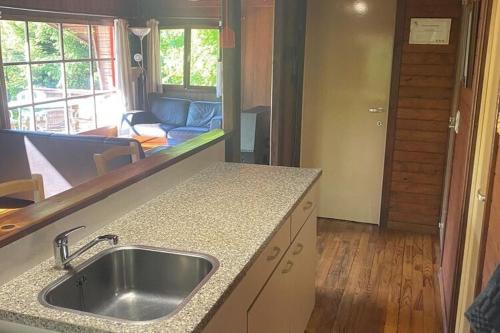 a kitchen with a sink and a living room at Cozy Chalet in La Roche-en-Ardenneon Belgium with Terrace in Bertogne