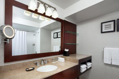 a bathroom with a sink and a large mirror at Sheraton San Jose in Milpitas