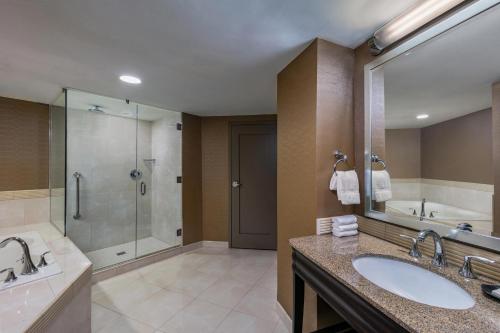 La salle de bains est pourvue d'un lavabo et d'une douche. dans l'établissement Sheraton Greensboro, à Greensboro